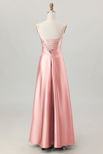 Coffee A-Line Spaghetti Straps Long Bridesmaid Dress with Lace Up Back